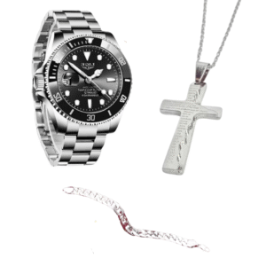 Kit Masculino Relógio Modelo Rlex Prata + Corrente Cruz Prata + Pulseira Prata