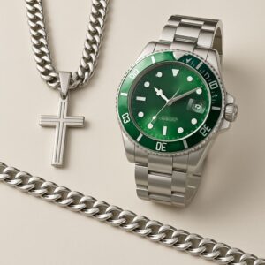 Relógio Prata Com Verde Original Modelo Rlex Bollfendo