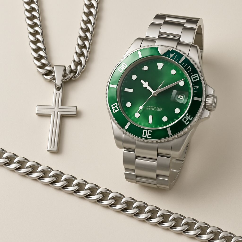 Relógio Prata Com Verde Original Modelo Rlex Bollfendo