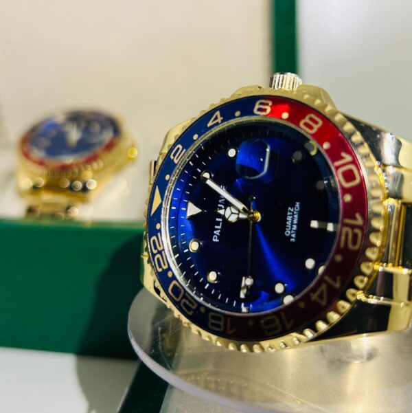Relógio Dourado Com Vermelho/Azul (Fundo Azul) Modelo Rlex Pallyjane - Imagem 3