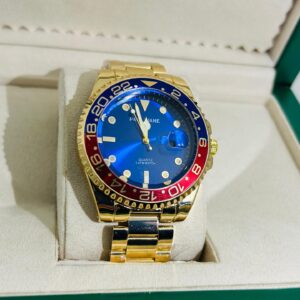 Relógio Dourado Com Vermelho/Azul (Fundo Azul) Modelo Rlex Pallyjane