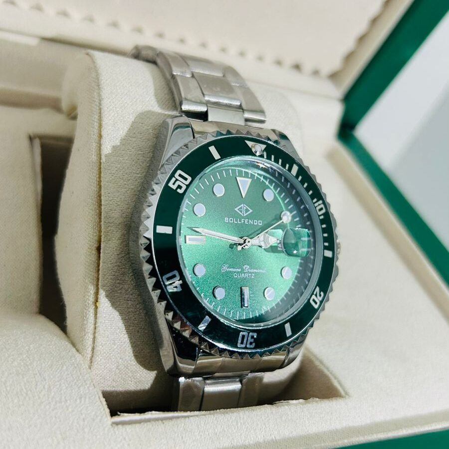Relógio Prata Com Verde Modelo Rlex Bollfendo